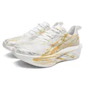 White cushioning running shoes with dynamic gold and silver metallic texture accents - Platinum