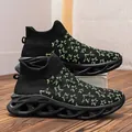 Men's black knitted sock sneakers with neon green stars and hollow cushioned soles - EU 36 / All Black