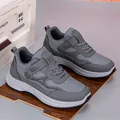 Dark grey breathable mesh walking shoes with lace-up and velcro strap for seniors - Gray
