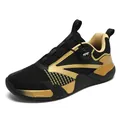 Black and gold table tennis shoes with breathable mesh and quick-adjust rotary dial buckle - Black Gold