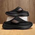 Men's black walking shoes with breathable striped fabric and velcro strap design - 35 / Black
