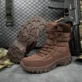 Men's high-top brown tactical combat boots with durable anti-slip rubber outsoles - EU 39 / Brown
