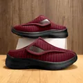 Breathable burgundy striped slip-on shoes with adjustable brown velcro strap for seniors - 35 / Wine Red