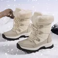 Women's winter snow boots in beige and khaki with faux fur collar and lace-up design - 36 / Off White