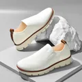 Men's white breathable knitted slip-on sneakers with flexible thick sole and heel pull tab - EU 40 / White