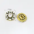 15mm round vintage gold metal button with center rhinestone and pearl details - Antique Gold Style (81319) / 15mm