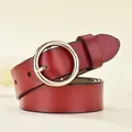 Women's vintage reddish brown genuine leather belt with elegant round gold metal buckle - Gold Buckle - 105cm / Red