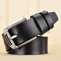 Men's vintage black leather belt with a brushed silver buckle and classic pin closure - 105cm / Black