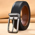Close-up of men's leather business belt with a gunmetal pin buckle and black stitched strap - 105 / Textured Black Brown Side White Stitching