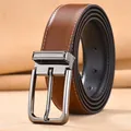Close-up of brown leather belt with white stitching and silver metal pin buckle - 105 / Textured Brown White Stitching