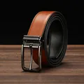 Detailed close-up of a brown leather belt with a gunmetal pin buckle on a wooden surface - 105 / Textured Brown Brown Stitching