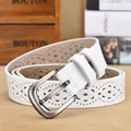 Women's white leather belt with floral cut-out patterns and metallic needle buckle - 105cm / White