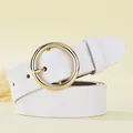 Women's white leather belt featuring a polished gold round buckle for a retro look - Gold Buckle - 105cm / White