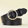 Women's sleek black genuine leather belt featuring a classic golden round buckle - Gold Buckle - 105cm / Black