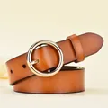 Classic caramel brown leather belt for women featuring a round golden metal buckle - Gold Buckle - 105cm / Camel