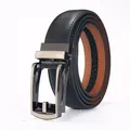 Detail of gunmetal automatic buckle and Saffiano leather texture on men belt - 105cm / Black