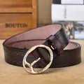 Dark brown leather belt with gold floral buckle and embossed diamond pattern - Coffee / 100cm