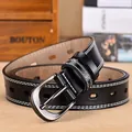 Black leather belt for women featuring decorative white stitching and a vintage buckle - 105cm / Black