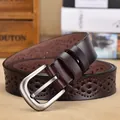 Women's vintage dark brown leather belt with hollow patterns and silver buckle - 105cm / Coffee