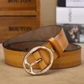 Vintage yellow leather belt for women with embossed patterns and gold buckle - Khaki / 105cm