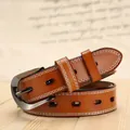 Vintage brown leather belt for women with white contrast stitching and silver buckle - 105cm / Camel