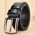 Genuine black leather belt with silver pin buckle and size 110 engraving - Black / 105cm