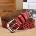 Women hollow leather belt with pin buckle in deep red finish and vintage style - 105cm / Red