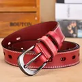 Red leather belt for women featuring gunmetal pin buckle and white double stitching - 105cm / Red