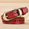 Burgundy genuine leather belt for women with star-shaped hollow pattern and gold oval buckle - 105cm / Red