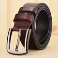 Men's dark brown leather belt with brushed silver metal pin buckle and lychee texture - Brown / 105cm