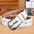 Classic white leather belt with a sleek black metallic buckle for women's fashion - White