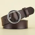 Cintura classica in pelle marrone scuro da donna con fibbia circolare in metallo argento - Fibbia Argentata - 105cm / caffè