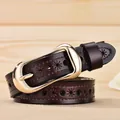 Deep reddish brown genuine leather belt for women with star hollows and gold buckle - 105cm / Coffee