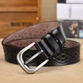 Black hollowed-out genuine leather belt with floral patterns and silver pin buckle - 105cm / Black