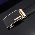 Men's business leather belt with black textured gold automatic buckle and stitching - 105cm / Gold Clasp