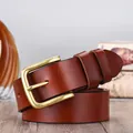 Classic dark caramel genuine leather belt with matte gold pin buckle on wooden surface - Copper Pin Buckle-Yellow Brown