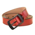 Women's minimalist genuine leather red belt with a matte black pin buckle on white backdrop - 105 / Red