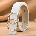 Elegant white leather belt for women featuring a polished gold double ring buckle closure - White / 105cm