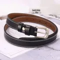 Detail of black leather belt with white double stitching and silver metal buckle pin - 110cm / Black