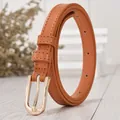 Minimalist slim leather dress belt for women in vintage orange-brown with gold buckle - 105cm / Orange