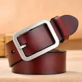 Classic dark reddish-brown leather belt for men featuring a brushed silver pin buckle - 105cm / Red