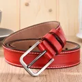 Red genuine leather belt for women with white stitching and silver rectangle pin buckle - 105cm / Red
