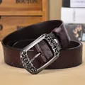 Ceinture vintage en cuir marron pour femme avec gaufrage papillon et boucle argentée ciselée - 105cm / Café