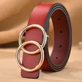 Women's genuine leather belt in vintage deep red with a polished gold double ring buckle - Red / 105cm