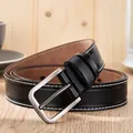 Classic black leather belt with white contrast stitching and brushed silver pin buckle - 105cm / Black