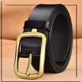 Men's vintage black leather belt featuring a classic brass square pin buckle detail - 105cm / Black
