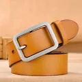 Classic brown leather belt featuring a matte silver rectangular pin buckle for men and women - 105cm / Camel