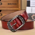 Ceinture femme en cuir rouge foncé avec gaufrage papillon et boucle florale rétro - 105cm / Rouge