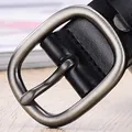 Women's slim black leather belt featuring an oval gunmetal pin buckle with a brushed finish - 105cm / Black