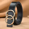 Genuine black leather belt for women featuring a minimalist double golden ring buckle - Black / 105cm